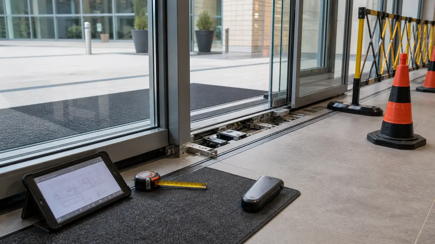 Automatic sliding aluminium door track and threshold survey with tablet, tape measure, safety cones and temporary barrier in place