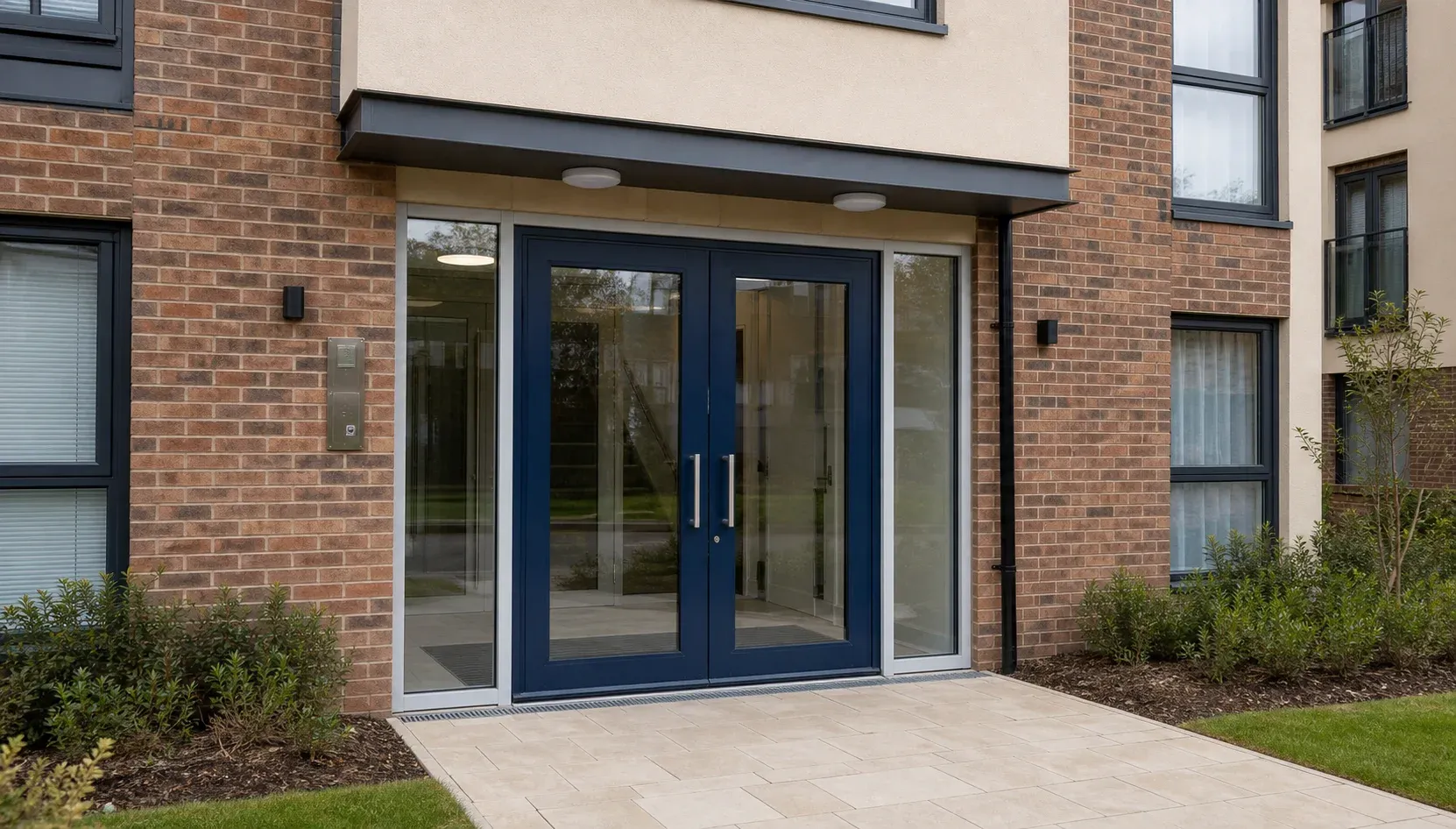 Illustrative communal aluminium entrance doors with glazed sidelights