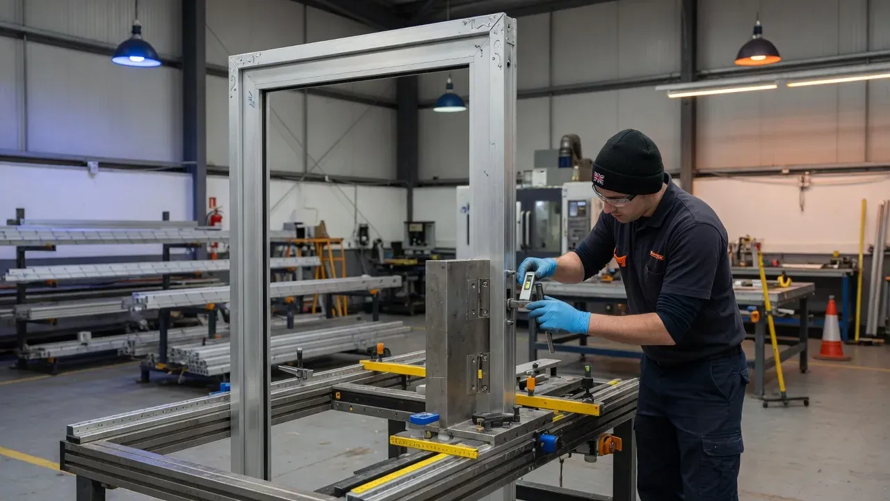 Quality control check on aluminium door frame in workshop jig