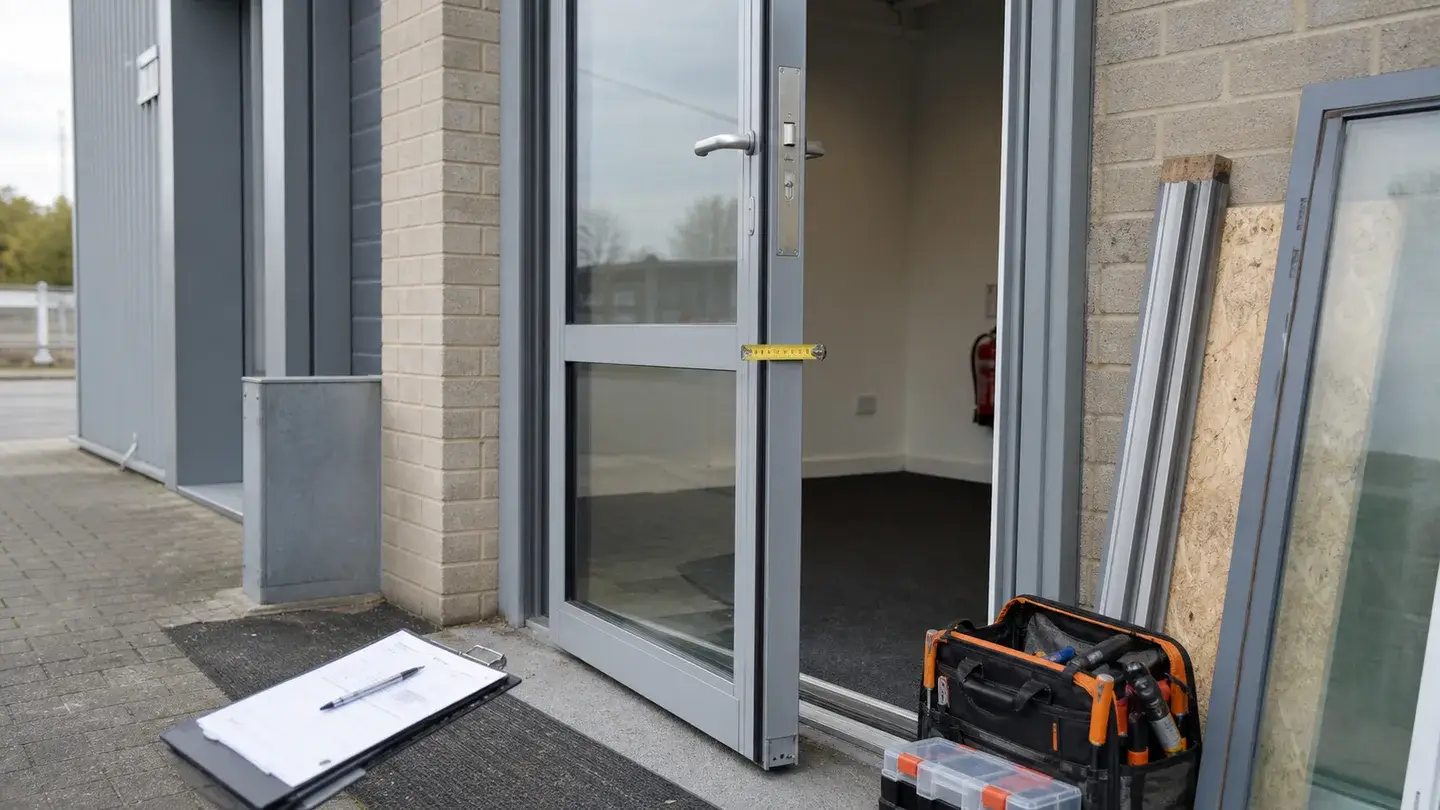 Commercial aluminium entrance door being surveyed with tape, tools and replacement frame material ready on site