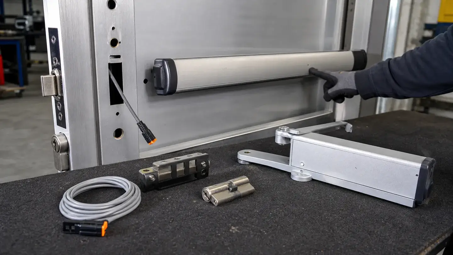 Commercial aluminium door panic bar, lock case, cylinder, closer and access-control cable set out for replacement handover