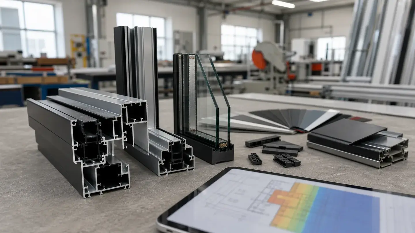 Cut thermally broken aluminium profile and glazing samples showing separate inner and outer aluminium sections