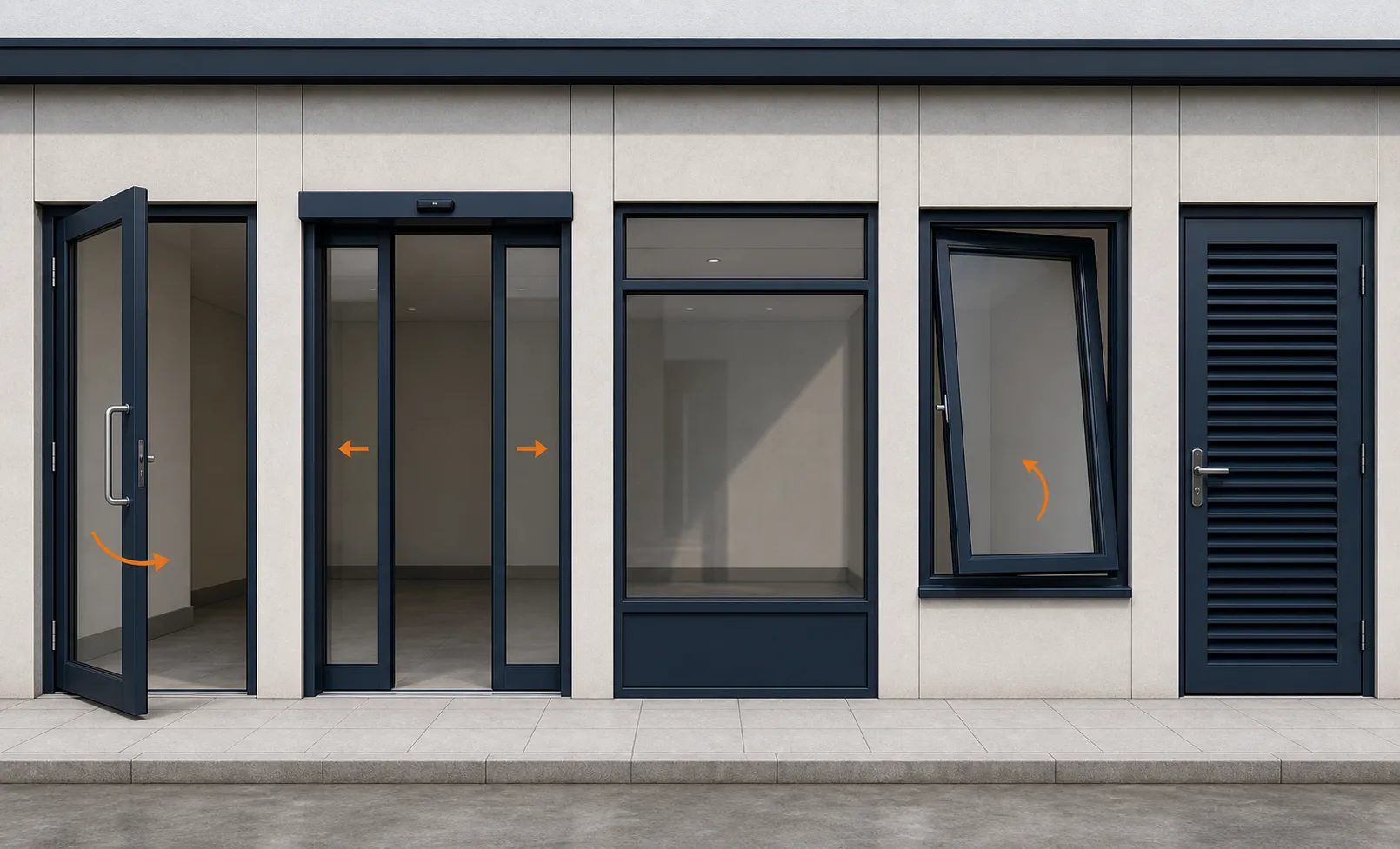 Illustration comparing a manual hinged door, automatic sliding entrance, fixed glazed shopfront, tilt and turn window, and louvre door