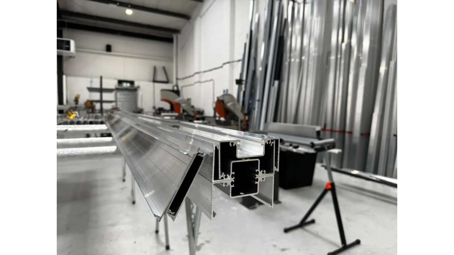Freshly cut aluminium profiles ready for shopfront fabrication