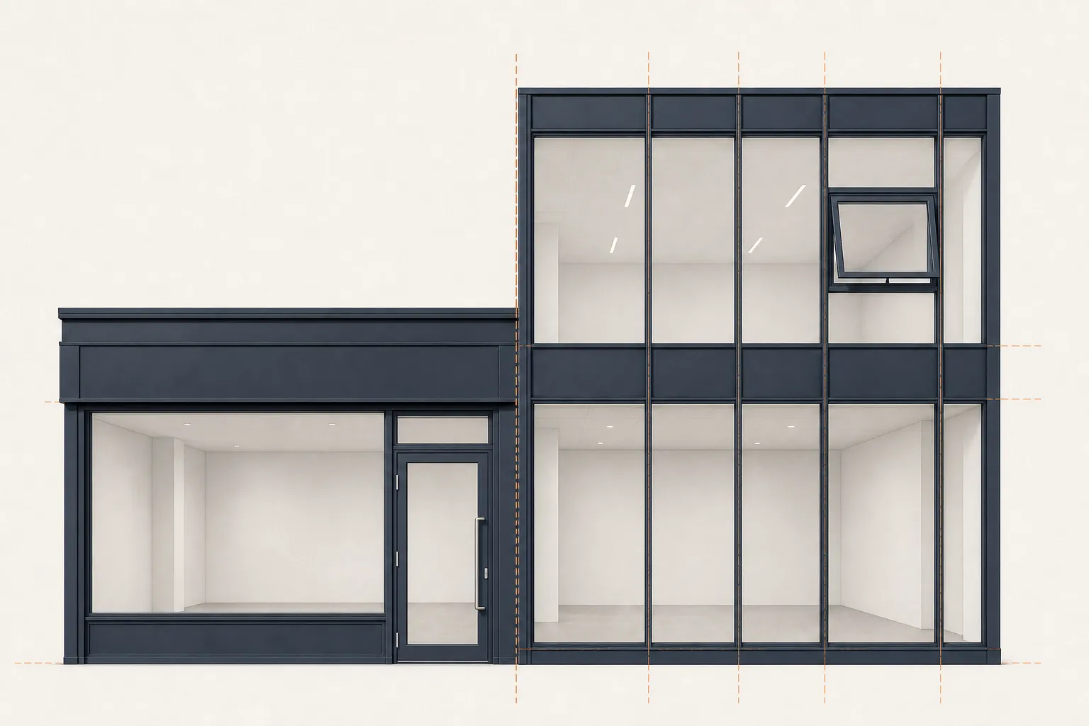 Illustrative elevation comparing a ground-floor shopfront with a two-storey stick curtain wall