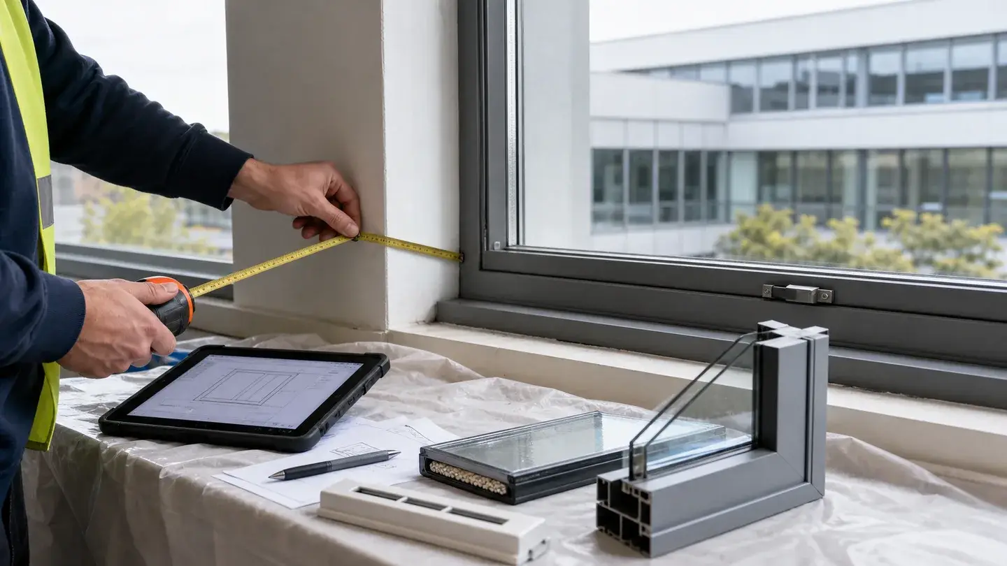 Commercial aluminium window reveal being measured with a tablet, glass unit sample, profile section and ventilator sample ready for replacement evidence