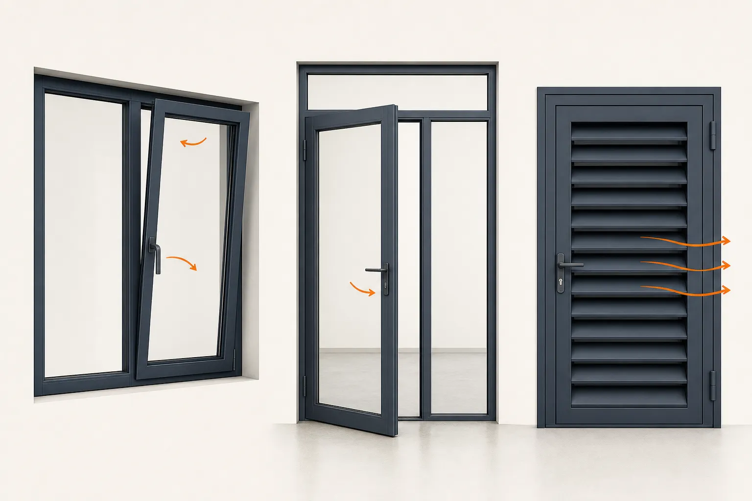 Illustrative comparison of an opening window, internal glazed screen and louvred access door
